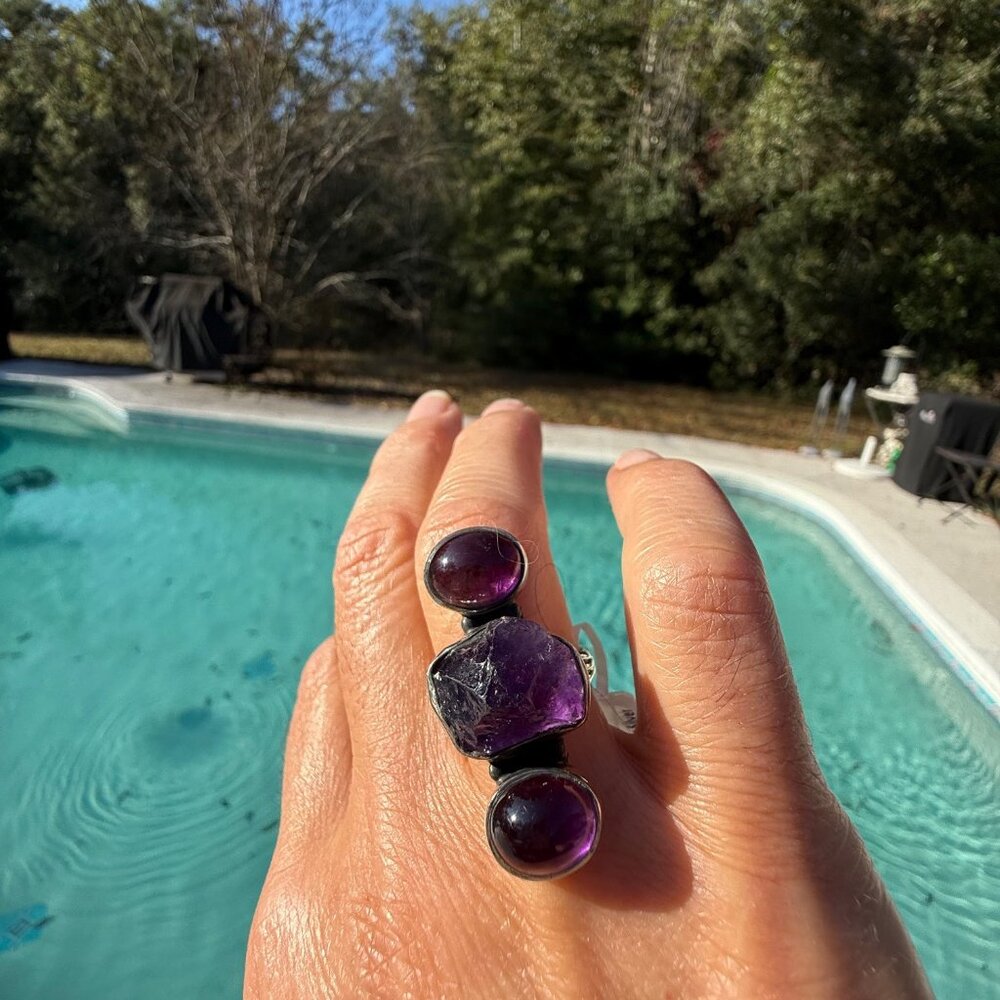 Artisan Cabochon Raw Amethyst Multi Stone 925 Sterling Silver Statement Ring 10g